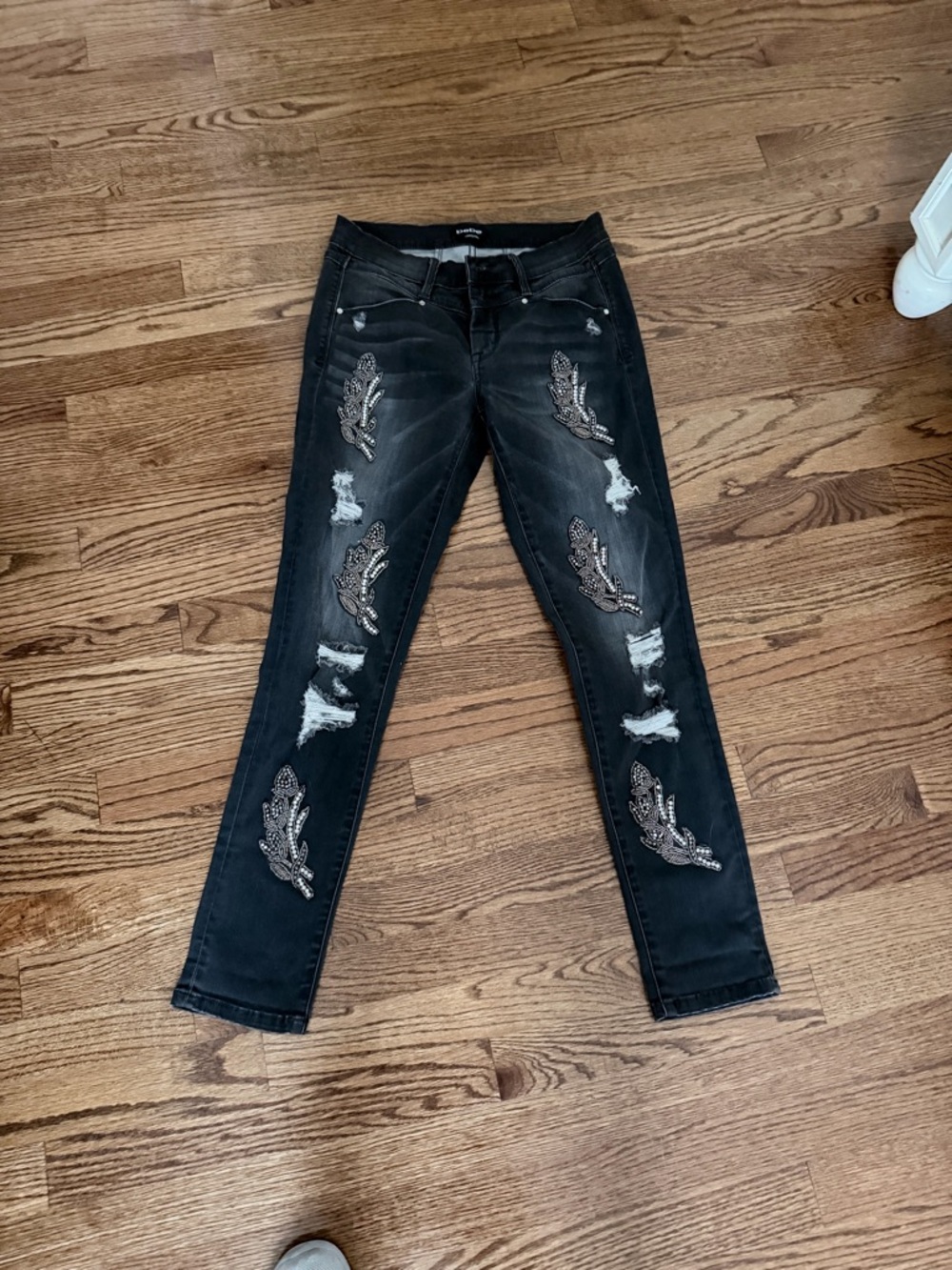 bebe Black Skinny Jeans with Sequin Feather Embellishments